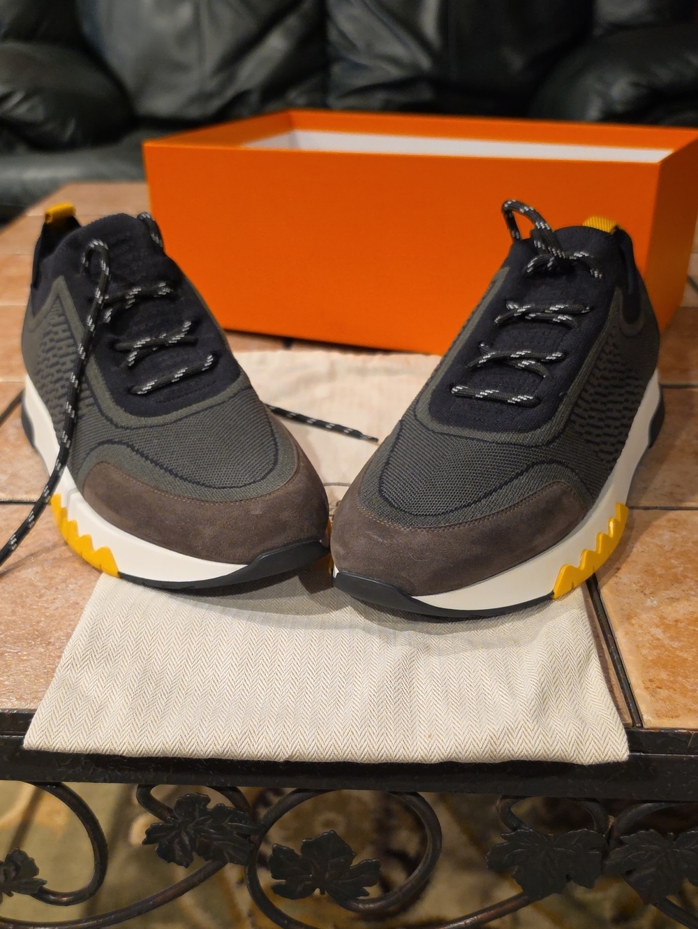 Hermes Brown Olive Knit & Calfskin/Velvet/Goatskin Sneakers with Yellow Accents